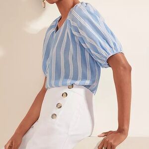 Ann Taylor Blue and White Stripe Puff Tie Sleeve V-Neck Top M